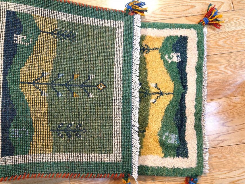 ハンドメイド ペルシャ ギャッベ ミニランナー ラグ 115x44cm 緑 風景