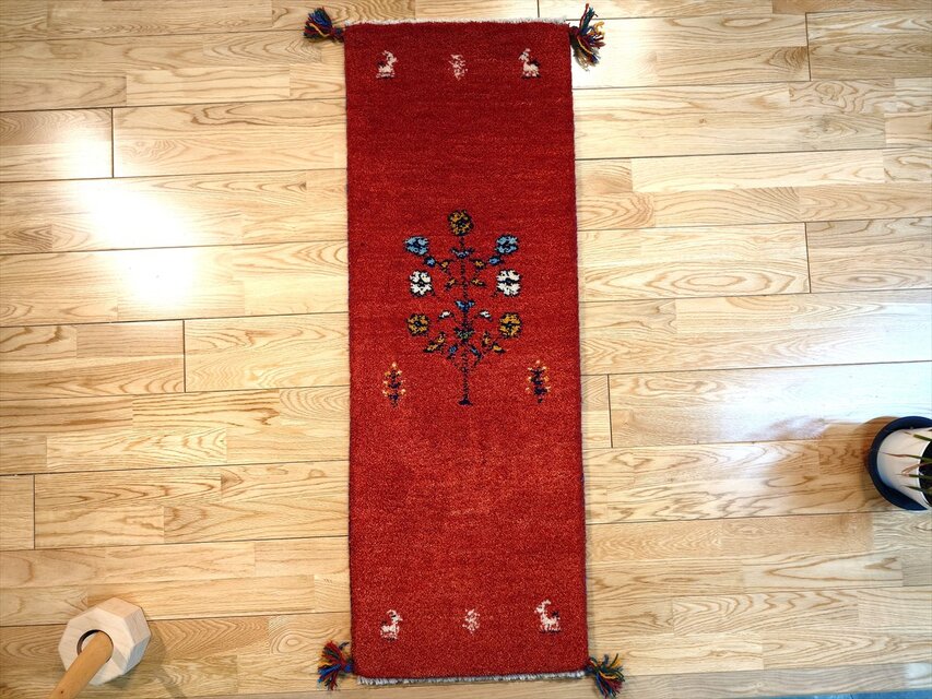 ハンドメイド ペルシャ ギャッベ ミニランナー ラグ 116x40cm 茜色 花