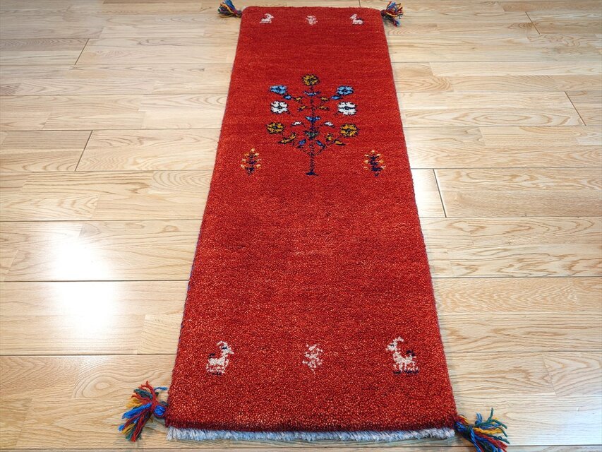 ハンドメイド ペルシャ ギャッベ ミニランナー ラグ 116x40cm 茜色 花