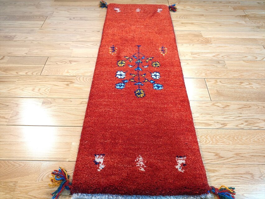 ハンドメイド ペルシャ ギャッベ ミニランナー ラグ 116x40cm 茜色 花