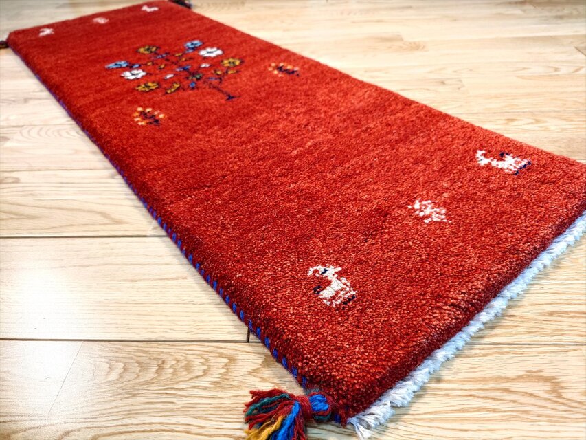 ハンドメイド ペルシャ ギャッベ ミニランナー ラグ 116x40cm 茜色 花