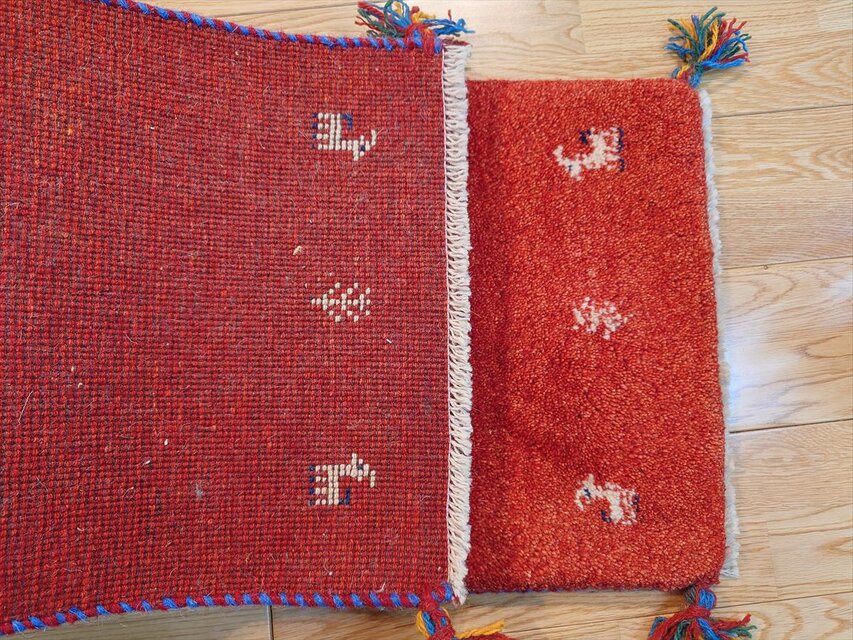ハンドメイド ペルシャ ギャッベ ミニランナー ラグ 116x40cm 茜色 花