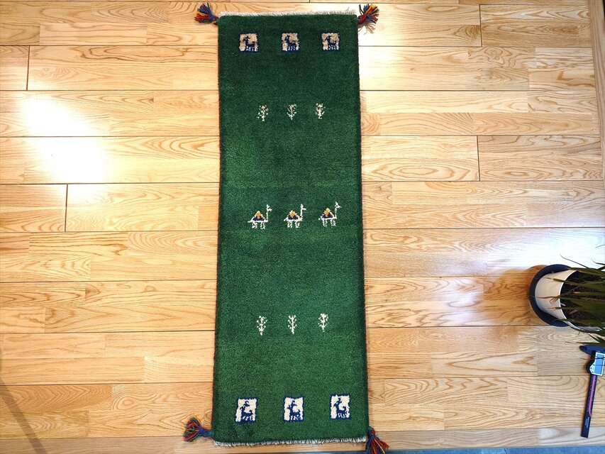 ハンドメイド ペルシャ ギャッベ ミニランナー ラグ 115x40cm 緑色