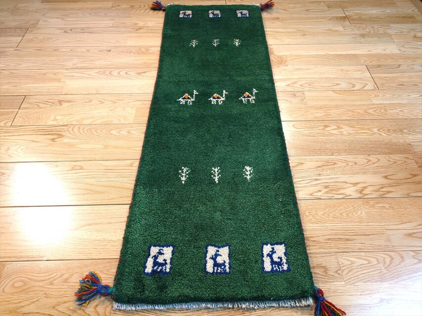 ハンドメイド ペルシャ ギャッベ ミニランナー ラグ 115x40cm 緑色