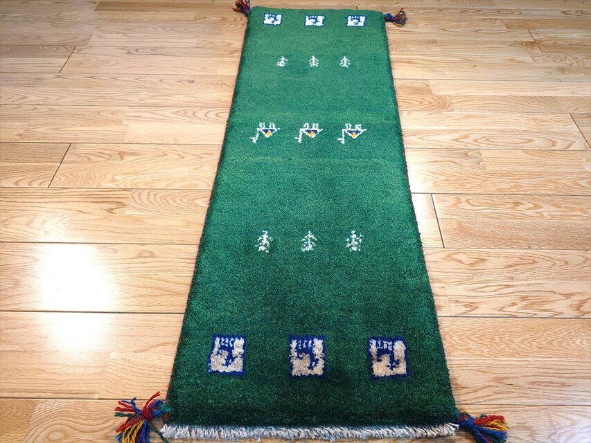ハンドメイド ペルシャ ギャッベ ミニランナー ラグ 115x40cm 緑色