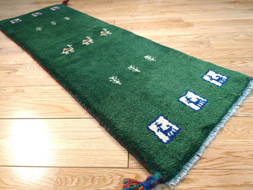 ハンドメイド ペルシャ ギャッベ ミニランナー ラグ 115x40cm 緑色