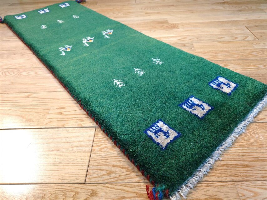 ハンドメイド ペルシャ ギャッベ ミニランナー ラグ 115x40cm 緑色