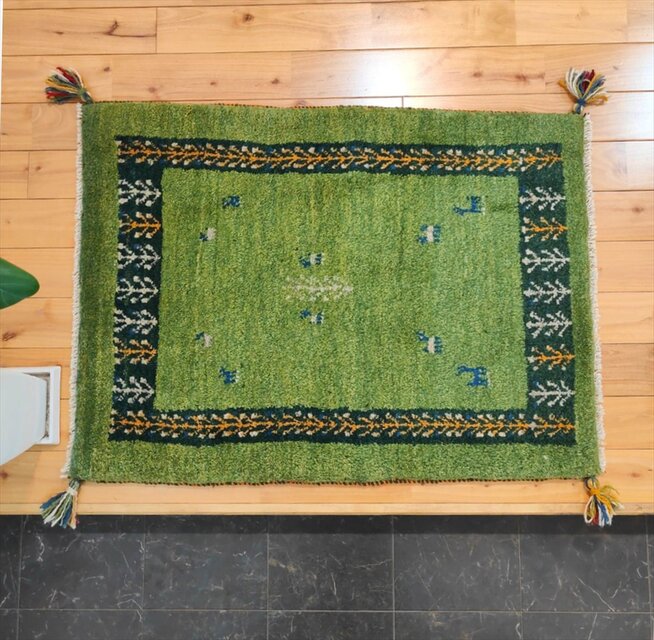 ハンドメイド ペルシャ ギャッベ ラグ 玄関マット 90x66cm 黄緑色 生命