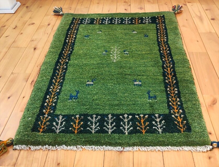 ハンドメイド ペルシャ ギャッベ ラグ 玄関マット 90x66cm 黄緑色 生命