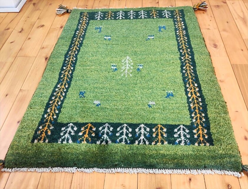 ハンドメイド ペルシャ ギャッベ ラグ 玄関マット 90x66cm 黄緑色 生命