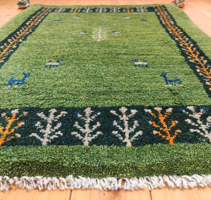ハンドメイド ペルシャ ギャッベ ラグ 玄関マット 90x66cm 黄緑色 生命