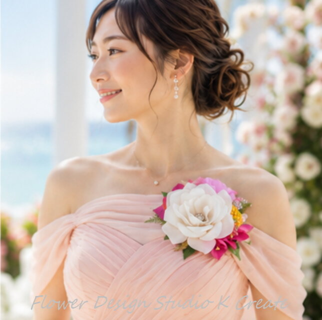 社交ダンス ドレス　白　ピンク　ビジュー　バラ　コサージュ 白い薔薇とブーゲンビリアの南国コサージュ｜リゾートウェディング