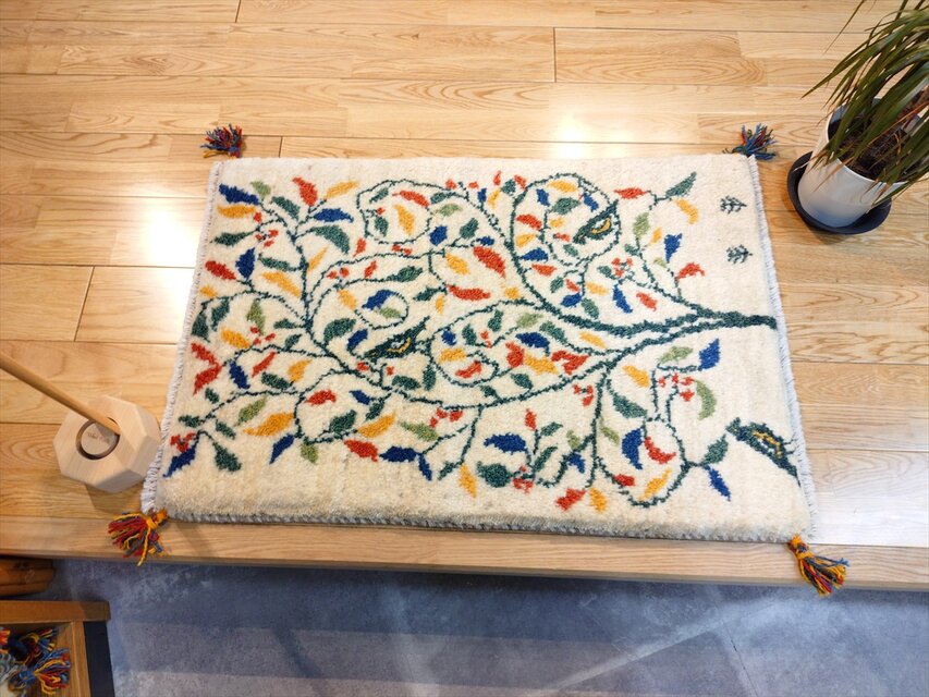 ハンドメイド ペルシャ ギャッベ 玄関マット ラグ 90x62cm 鳥 花