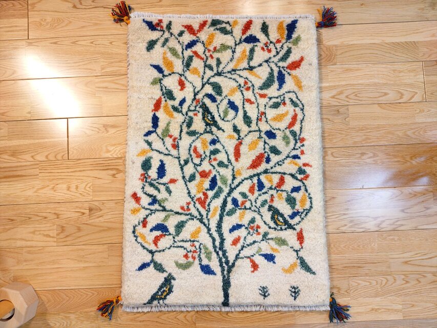 ハンドメイド ペルシャ ギャッベ 玄関マット ラグ 90x62cm 鳥 花