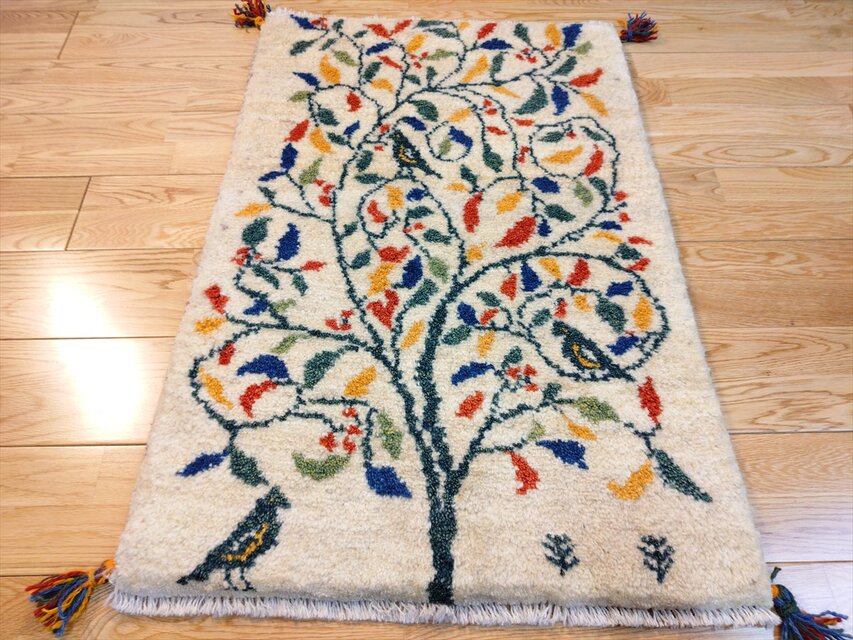 ハンドメイド ペルシャ ギャッベ 玄関マット ラグ 90x62cm 鳥 花