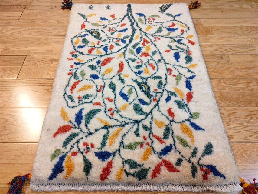 ハンドメイド ペルシャ ギャッベ 玄関マット ラグ 90x62cm 鳥 花