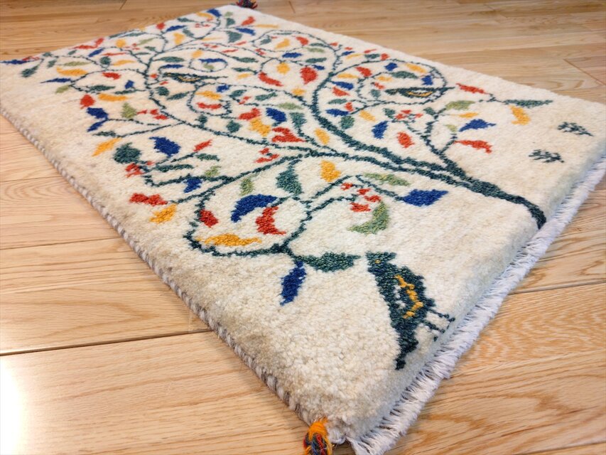ハンドメイド ペルシャ ギャッベ 玄関マット ラグ 90x62cm 鳥 花