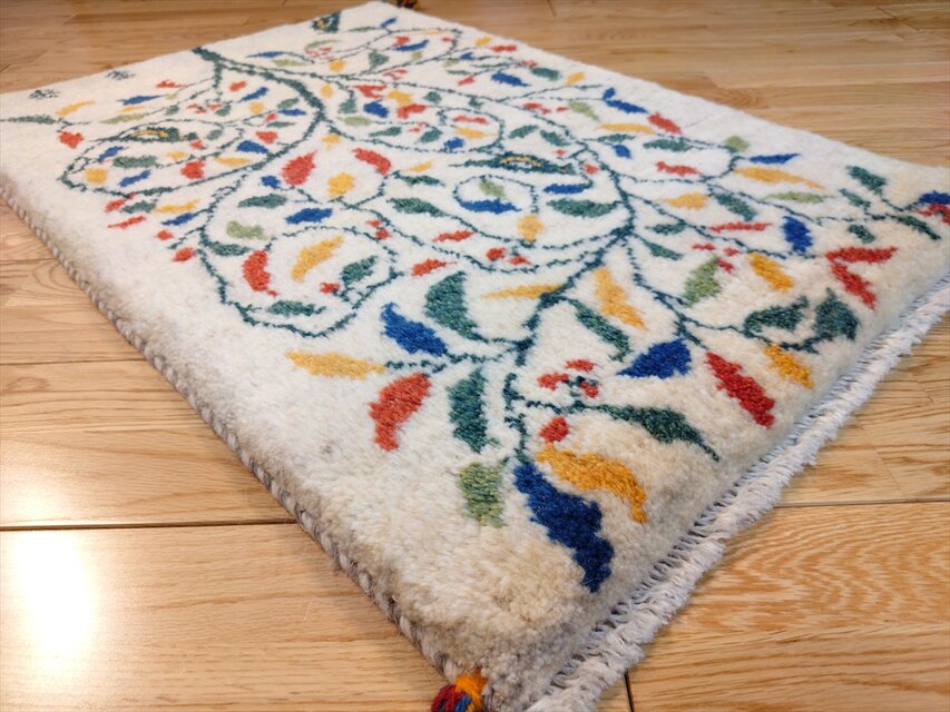 ハンドメイド ペルシャ ギャッベ 玄関マット ラグ 90x62cm 鳥 花