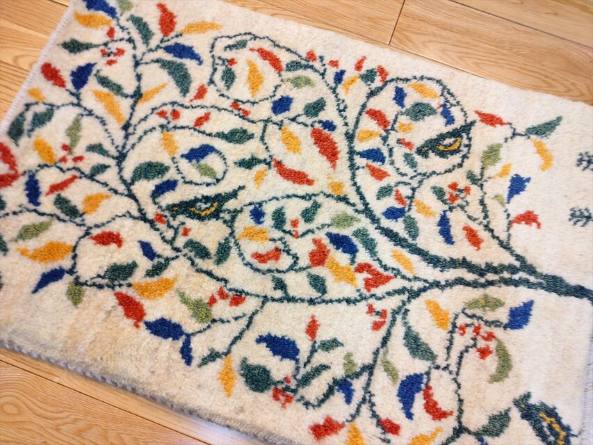 ハンドメイド ペルシャ ギャッベ 玄関マット ラグ 90x62cm 鳥 花