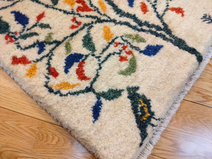 ハンドメイド ペルシャ ギャッベ 玄関マット ラグ 90x62cm 鳥 花