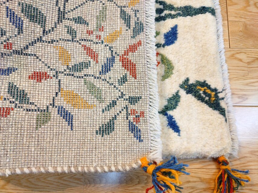 ハンドメイド ペルシャ ギャッベ 玄関マット ラグ 90x62cm 鳥 花