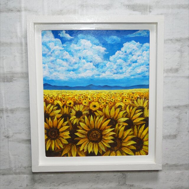 【一点物】油絵 原画『陽だまりの輪舞曲』ひまわり 額縁付き 夏の絵画 油絵原画【陽だまりの輪舞曲】向日葵と入道雲の風景・額装アート
