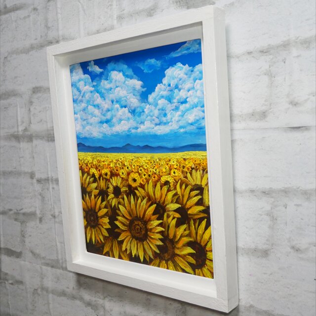 油絵原画【陽だまりの輪舞曲】向日葵と入道雲の風景・額装アート