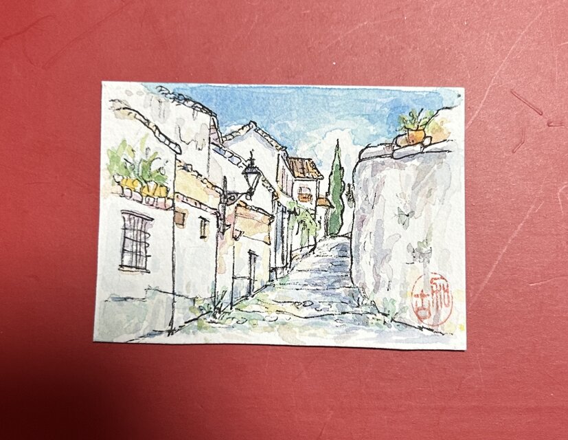 坂道をのぼれば(ミニミニ絵画、スペイン、グラナダ、原画、透明水彩