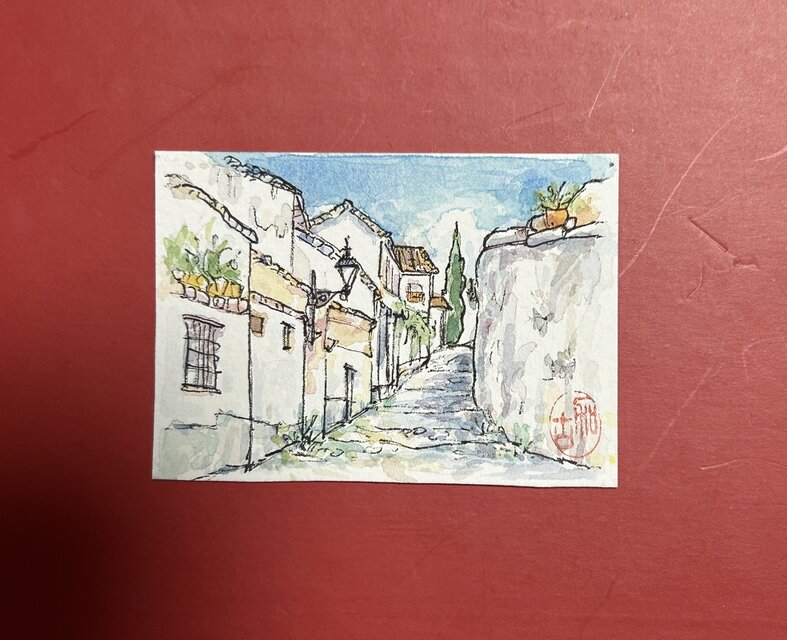 坂道をのぼれば(ミニミニ絵画、スペイン、グラナダ、原画、透明水彩
