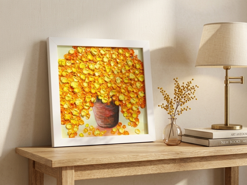 原画】立体的に描かれたミモザの花束 油絵肉筆画（ホワイトフレーム付