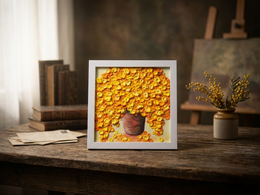 原画】立体的に描かれたミモザの花束 油絵肉筆画（ホワイトフレーム付