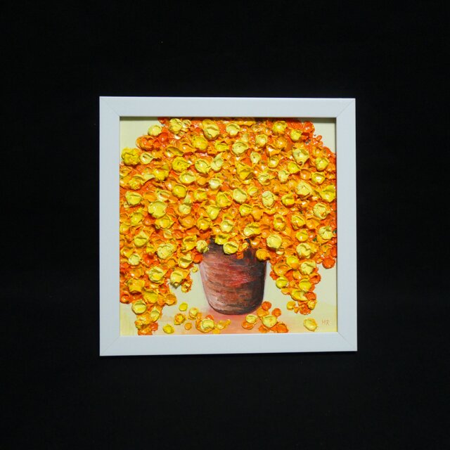 原画】立体的に描かれたミモザの花束 油絵肉筆画（ホワイトフレーム付