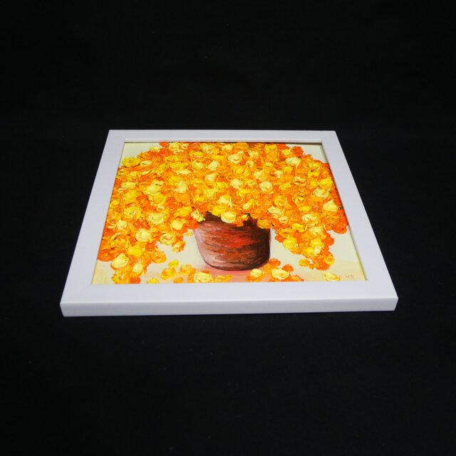 原画】立体的に描かれたミモザの花束 油絵肉筆画（ホワイトフレーム付