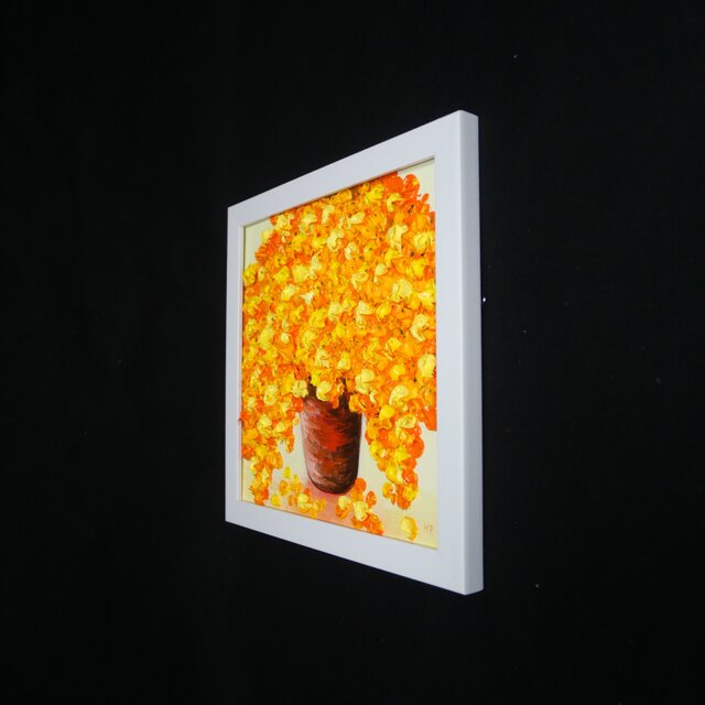 原画】立体的に描かれたミモザの花束 油絵肉筆画（ホワイトフレーム付
