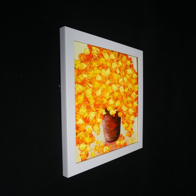 原画】立体的に描かれたミモザの花束 油絵肉筆画（ホワイトフレーム付