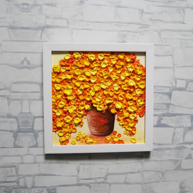 原画】立体的に描かれたミモザの花束 油絵肉筆画（ホワイトフレーム付