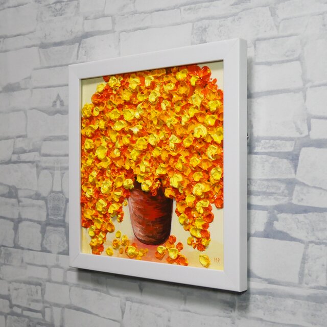 原画】立体的に描かれたミモザの花束 油絵肉筆画（ホワイトフレーム付