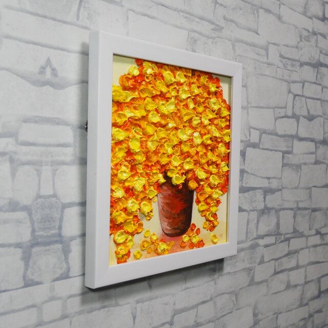 原画】立体的に描かれたミモザの花束 油絵肉筆画（ホワイトフレーム付