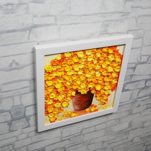 原画】立体的に描かれたミモザの花束 油絵肉筆画（ホワイトフレーム付