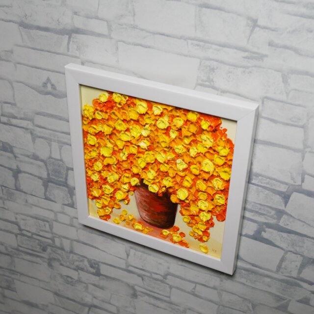 原画】立体的に描かれたミモザの花束 油絵肉筆画（ホワイトフレーム付