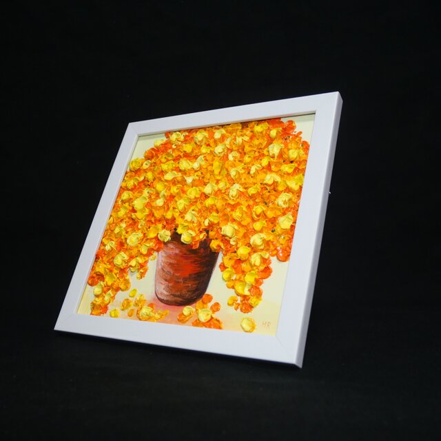 原画】立体的に描かれたミモザの花束 油絵肉筆画（ホワイトフレーム付