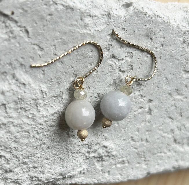 Kaya◆一点物✧パイライト×グレーイエローダイヤモンドピアス✧14kgf ビルマ産天然ラベンダー翡翠＋天然ダイアモンド K14GFピアス