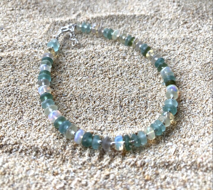 ★R1005★古代　青　ガラス　ブレスレット　ローマングラス　腕輪 sv925 Ocean Romanglass Bracelet ローマングラス☆アジャスター