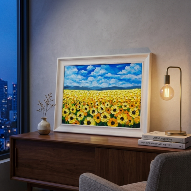 油絵 原画『太陽の贈り物』 ひまわり畑と青空の風景画 【夏の