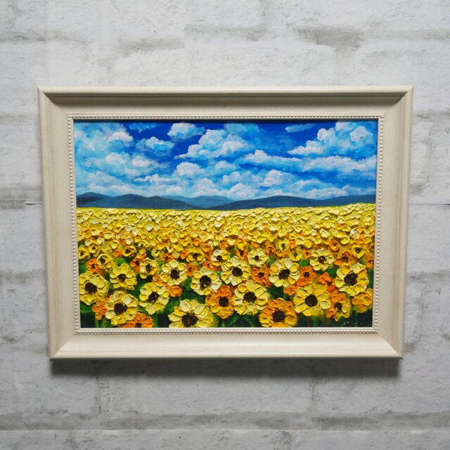 油絵 原画『太陽の贈り物』 ひまわり畑と青空の風景画 【夏の