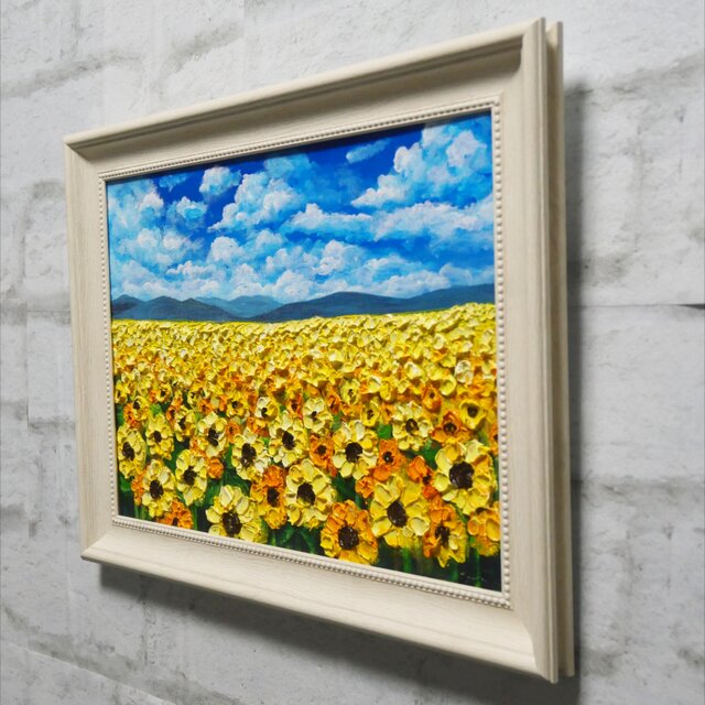油絵 原画『太陽の贈り物』 ひまわり畑と青空の風景画 【夏の