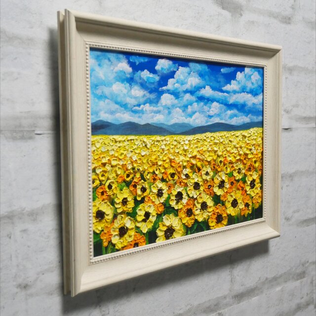 油絵 原画『太陽の贈り物』 ひまわり畑と青空の風景画 【夏の