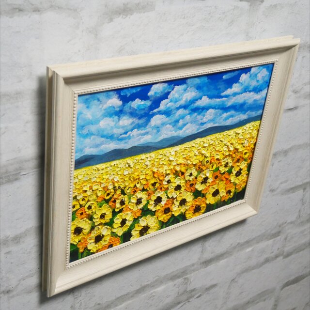 油絵 原画『太陽の贈り物』 ひまわり畑と青空の風景画 【夏の