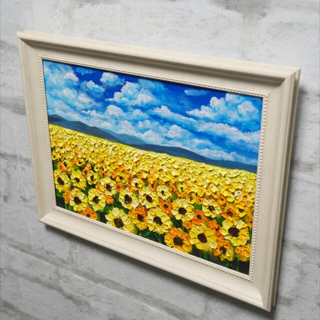 油絵 原画『太陽の贈り物』 ひまわり畑と青空の風景画 【夏の