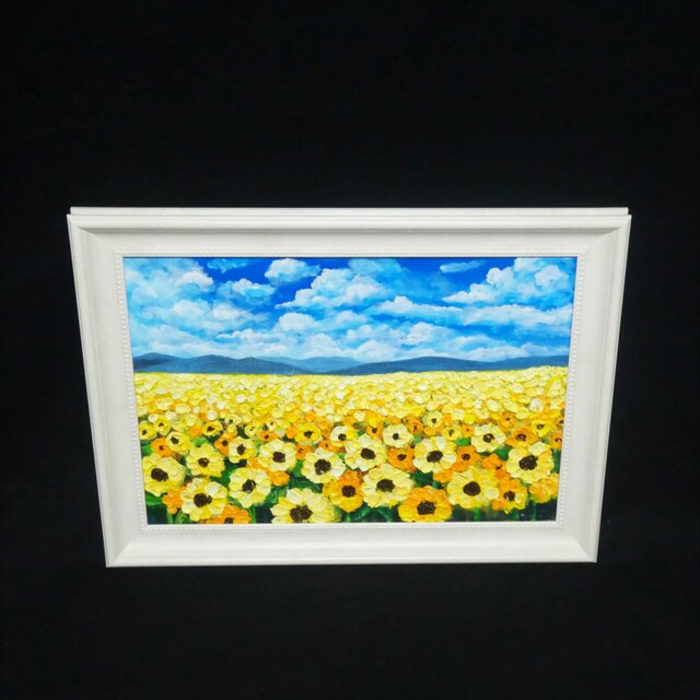 油絵 原画『太陽の贈り物』 ひまわり畑と青空の風景画 【夏の